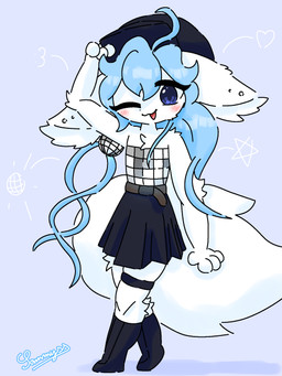 4_fingers adolescent anthro belt big_tail black_boots black_bottomwear black_clothing black_footwear black_hat black_headwear black_skirt blue_background blue_eyes blue_hair blush boots bottomwear clothed clothing disco_ball ear_piercing ear_stud eyelashes female fingers footwear fully_clothed fur hair hat headgear headwear inner_ear_fluff long_hair looking_at_viewer one_eye_closed open_mouth piercing shoes simple_background skirt solo standing tail topwear tuft white_body white_clothing white_ears white_fur white_inner_ear_fluff white_tail white_topwear wink winking_at_viewer young young_anthro young_female xammyxx keiko_(xammyxx) arctic_fox canid canine fox mammal true_fox 2026 3:4 digital_media_(artwork) hi_res ibispaint_(artwork) signature watermark