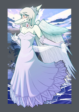 anthro blue_body blush bone_frill border breasts brooch clothed clothed_anthro clothed_female clothing cloud detailed_background dress eyebrow_through_hair eyebrows feathered_wings feathers female fingers frill_(anatomy) grey_body grey_border grey_feathers hair happy humanoid_hands long_hair markings medium_breasts non-mammal_breasts orange_eyes sky smile solo standing striped_markings stripes text translucent translucent_hair wedding_dress white_clothing white_dress white_hair wings clementdiefaul cavemanon_studios goodbye_volcano_high ko_op_(game_developer) snoot_game fang_(gvh) prehistoric_species pterosaur reptile scalie artist_name colored full-length_portrait hi_res portrait shaded