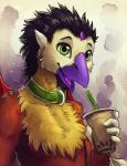 5_fingers beak beverage black_body black_fur black_hair collar fingers fur green_eyes hair purple_beak red_body red_fur smile solo tongue yellow_body yellow_fur noviraine avian