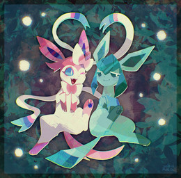 ambiguous_gender blue_body blue_eyes bow_(anatomy) duo fangs featureless_crotch feral fur lying on_back one_eye_closed open_mouth pawpads paws pink_body pink_fur plant ribbons_(anatomy) tail teeth tongue white_body mrh2o2 nintendo pokemon eeveelution generation_4_pokemon generation_6_pokemon glaceon pokemon_(species) sylveon 2025 dated hi_res signature