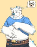 anthro belly blush eyebrows fur green_body green_fur male overweight overweight_male pinching_belly thick_eyebrows white_body white_fur marimo1007day lifewonders live_a_hero mokdai yohack canid canine canis domestic_dog mammal nordic_sled_dog samoyed spitz 4:5 absurd_res hi_res