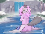 bedroom_eyes butt detailed_background ear_piercing female fur green_eyes hair looking_at_viewer looking_back narrowed_eyes outside partially_submerged piercing pink_body pink_fur pink_hair plant raised_tail river seashell seductive shell snow solo steam tail tree water waterfall wet wet_body wet_fur milachu92 nintendo pokemon dewott generation_5_pokemon pokemon_(species) 2022 4:3 absurd_res hi_res signature