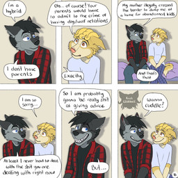 bed black_hair blonde_hair blue_eyes brown_eyes clothing dialogue duo flannel_shirt fur furniture grey_body grey_fur hair hands_between_legs inside inviting male on_bed page_number pajamas profanity serious shadow sharp_teeth sitting sitting_on_bed six_frame_image smile smiling_at_another speech_bubble tail teeth text yellow_body yellow_fur kriek_wildebeest jeremy_(kriek_wildebeest) tom_(kriek_wildebeest) border_collie canid canine canis collie domestic_dog herding_dog husky hybrid mammal nordic_sled_dog pastoral_dog sheepdog spitz wolf 1:1 comic english_text hi_res multiple_scenes