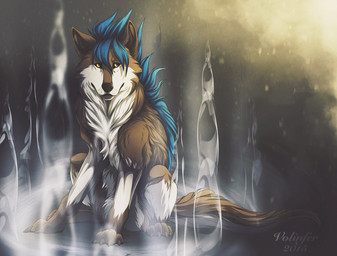 ambiguous_gender blue_hair brown_body brown_fur feral fur hair paws sitting solo white_body white_fur yellow_eyes volinfer canid canine canis mammal wolf 2015 digital_media_(artwork) hi_res