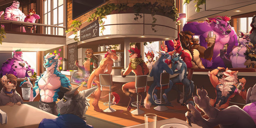 3_toes 4_fingers 4_toes 5_fingers alcohol ambiguous_gender anthro bar_chair barefoot beverage black_body black_clothing black_fur black_hoodie black_topwear blep blue_body blue_eyes blue_fur blush body_hair bottle breasts brown_body brown_eyes brown_fur brown_hair bubble butt cafe chest_tuft clothed clothing coffee coffee_cup collar container countershading cup drunk drunk_bubble ear_piercing eating eye_contact eyes_closed eyewear facial_piercing fangs featureless_breasts feet female fingers floor fur glass glass_container glass_cup glasses green_hair green_scarf group hair happy_trail heterochromia hindpaw holding_bottle holding_container holding_object hoodie humanoid_feet large_group looking_at_another male multi_eye nipples nose_piercing nose_ring open_mouth orange_body pawpads paws pecs piercing pink_clothing pink_hoodie pink_pawpads pink_topwear plantigrade purple_body purple_fur raised_arm red_eyes red_hair ring_piercing sabertooth_(anatomy) scarf selfie size_difference soles standing stripes substance_intoxication sunglasses tail tail_tuft teeth text tile tile_floor toes tongue tongue_out topless topwear tuft tusks wine writing_text yellow_eyes vesper_art asian_mythology east_asian_mythology european_mythology final_fantasy mythology nintendo pokemon square_enix bayzan gideon_(gylph) goldyne nakanaide nekan_(character) noni_(fukman333) tio_takurua arcanine behemoth_(final_fantasy) canid canine canis dinosaur dragon dromaeosaurid eastern_dragon felid fox generation_1_pokemon kangaroo macropod mammal marsupial mouse murid murine mythological_creature mythological_scalie pantherine pokemon_(species) prehistoric_species reptile rodent scalie theropod tiger western_dragon wolf 2020 absurd_res digital_media_(artwork) english_text hi_res signature