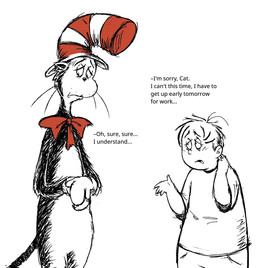 5_fingers anthro black_body black_fur black_nose black_text bottomwear bow_tie clothing duo fingers fur gloves hand_behind_neck hands_together handwear hat headgear headwear long_whiskers looking_at_another looking_back male mouth_closed open_mouth pants pattern_clothing pattern_hat pattern_headgear pattern_headwear red_bow_tie sad self_insert shirt simple_background striped_clothing striped_hat striped_headgear striped_headwear stripes style_emulation t-shirt text topwear whiskers white_background white_body white_bottomwear white_clothing white_fur white_gloves white_handwear white_pants white_shirt white_t-shirt white_topwear deviledmeggz dr._seuss the_cat_in_the_hat the_cat_(the_cat_in_the_hat) human mammal digital_drawing_(artwork) digital_media_(artwork) english_text hi_res partially_colored sketch