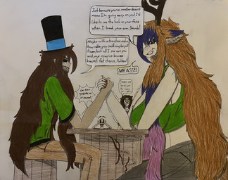 annoyed anthro antlers arm_wrestling belt black_eyes black_nose bottomwear breaking brown_hair clothing colored_nails cracking crop_top dialogue drawstring_bottomwear ears_down eye_twitch facial_hair female floating_eyebrows freckled_face freckles furniture green_clothing green_shirt green_topwear grin group hair hand_on_head hat headgear headwear horn inverted_eyes jewelry khaki_pants larger_female larger_male long_hair long_nails male mole_under_eye multicolored_hair nails narrowed_eyes necklace ochre_hair onomatopoeia pants pivoted_ears pointy_speech_bubble profanity scared shaking shirt simple_background size_difference smaller_male smile sound_effects speech_bubble stool stovepipe_hat sweatpants table text topwear trembling wood wood_furniture wood_table dylanaildon_no_2 larry_(dylanaildon_no_2) oscar_(dylanaildon_no_2) tirisk_(dylanaildon_no_2) toby_(dylanaildon_no_2) forest_spirit human mammal absurd_res hi_res shaded traditional_media_(artwork)