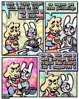 4_panel_comic aloha_shirt anthro bow_tie cheek_spots clothing dialogue duo floppy_ears fur half-closed_eyes humor male narrowed_eyes open_mouth open_smile overalls pattern_clothing pattern_shirt pattern_topwear shirt smile speech_bubble teeth text tooth_gap topwear white_body white_fur yellow_body yellow_fur rawdawgcomics bingus_(rawdawgcomics) stahli_(rawdawgcomics) bird_dog canid canine canis domestic_dog golden_retriever hunting_dog lagomorph leporid mammal rabbit retriever 4:5 comic english_text hi_res