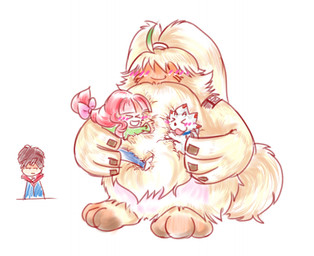 anthro blush brown_hair chibi female fluffy fur group hair hair_over_eyes horn hug male size_difference white_body yellow_body yellow_fur roichi404 bandai_namco digimon digimon_ghost_game hiro_amanokawa ruri_tsukiyono angoramon digimon_(species) gammamon human mammal