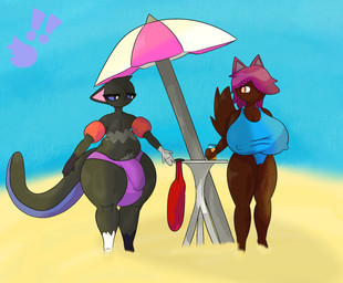 anthro beach belly big_breasts big_bulge breasts brown_body brown_fur bulge camel_toe clothed clothing duo female fur genitals grey_body grey_fur hair huge_breasts huge_bulge hyper hyper_breasts hyper_bulge hyper_genitalia lifeguard male nipple_outline nipples one-piece_swimsuit outside overweight smile swimwear tail thick_thighs umbrella wide_hips chronicmeowmeow maxy_(chronicmeowmeow) mammal digital_media_(artwork) hi_res