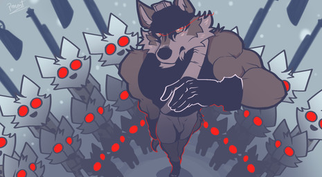 anthro barazoku brown_body brown_fur chibi clothed clothing fur group looking_at_viewer male muscular muscular_anthro muscular_male red_eyes weapon white_body white_fur pinumontbalou epic_games fortnite volpez_(fortnite) wendell_(fortnite) arctic_fox canid canine canis fox mammal true_fox wolf hi_res