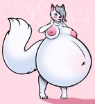 anthro belly belly_blush belly_inflation big_belly bloated blush body_blush female flustered huge_belly hyper hyper_belly inflation liquid_inflation nipples nude solo drokmars sophie_(xausr32) arctic_fox canid canine fox mammal true_fox 2022 absurd_res digital_media_(artwork) hi_res smaller_version_at_source