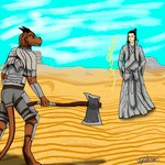 anthro armor axe desert duo horn male sand simple_background sky tail aydaharart dungeons_and_dragons hasbro wizards_of_the_coast rex_fearless dragonborn_(dnd) human humanoid mammal scalie 1:1