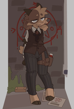 anthro brick_wall brown_body brown_fur clothing food formal_wear fur graffiti graffiti_on_wall holster hooves ketchup male moss occult occult_symbol plant solo symbol wall_(structure) ruedeath glace_(glaceiscoffee) bovid caprine goat mammal hi_res