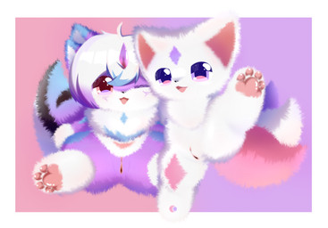 duo female female/female front_view fur genitals horn intersex intersex/female multicolored_body multicolored_fur open_mouth pink_body pink_fur purple_body purple_eyes purple_fur sex_toy solo spread_legs spreading toony vaginal vulva white_body white_fur young shiningcanc canid canine domestic_cat felid feline felis fox mammal hi_res