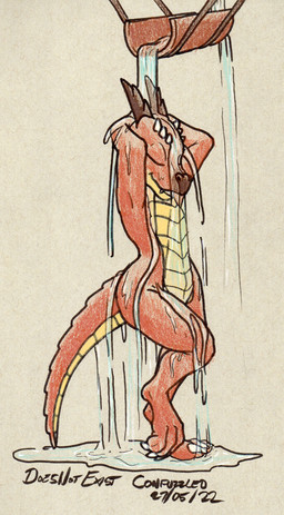 anthro arms_above_head bathing brown_body brown_scales countershading curvy_figure cute_fangs eyes_closed fangs horn male nude scales showering solo tail tan_body tan_scales teeth ventral_scales water wet wet_body doesnotexist bryce_daeless kobold scalie 2022 dated hi_res signature traditional_media_(artwork)