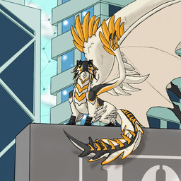 blue_eyes building city city_background feathers feral geodesic_dome horn looking_at_viewer male membrane_(anatomy) membranous_wings solo spikes spikes_(anatomy) wings yellow_sclera shadeominus mythology solus_(shadeominus) dragon mythological_creature mythological_scalie scalie 1:1 hi_res