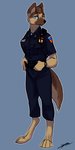 anthro badge barefoot blue_eyes brown_body brown_fur clock clothing electronics feet female fur looking_at_viewer police police_uniform radio solo tail uniform watch gasmaskfox gretta_(gasmaskfox) canid canine canis domestic_dog german_shepherd herding_dog mammal pastoral_dog 1:2 hi_res