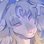 ambiguous_gender anthro front_view fur grey_hair hair head_wings looking_at_viewer mouth_closed multi_eye narrowed_eyes pink_nose solo unusual_wing_placement white_body white_eyes white_fur wings corzh77 canid canine mammal 1:1 absurd_res headshot_portrait hi_res portrait