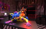 3d_(artwork) absurd_res anthro clothing detailed_background digital_media_(artwork) duo english_text fan_character female five_nights_at_freddy's hat headgear headwear hi_res huge_filesize machine male male/female profanity scottgames some text toy wolfe