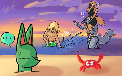 anthro beach bikini black_clothing black_swimwear blonde_hair blush blush_lines brown_body brown_fur buried buried_in_sand carrying_another chicken_fight clothing cloud exclamation_point eyes_closed female flustered fur gold_bikini gold_bikini_bottom green_body green_clothing green_fur green_swimming_trunks green_swimwear grey_body grey_fur group hair male on_shoulders sand sea surprised swimming_trunks swimwear two-piece_swimsuit water worried biscotti5000 helio_(biscotti5000) jane_(biscotti5000) nyx_(biscotti5000) sam_(biscotti5000) arthropod canid canine canis crab crustacean decapod domestic_dog fox human malacostracan mammal wolf hi_res