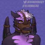 anthro bdsm bondage bound fur hair male muzzle_(object) muzzled pink_hair simple_background snout solo white_hair wings yellow_sclera xanderg_(artist) mythology dragon mythological_creature mythological_scalie scalie 1:1 2020