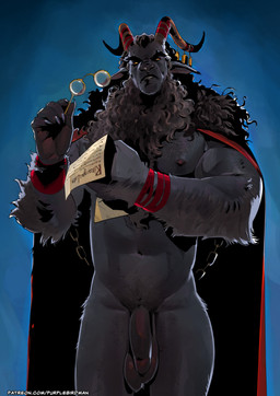 anthro arm_hair balls beard big_penis body_hair bottomless cape chest_hair clothed clothing dark_body dark_fur eyebrows eyewear facial_hair fur genitals glasses goat_ears gold_glasses grey_body grey_fur grumpy hair holidays horn horn_jewelry jewelry larger_male looking_at_viewer male mostly_nude_male muscular muscular_male paper penis pose pubes red_cape red_clothing red_wristband saggy_balls size_difference solo teeth text thick_eyebrows wraps wrist_wraps wristband purplebirdman christmas krampus bovid caprine caprine_demon demon goat goat_demon mammal 2025 better_version_at_source colored digital_drawing_(artwork) digital_media_(artwork) hi_res portrait three-quarter_portrait