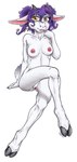 2_horns anthro areola biped blue_hair bovid_horn breasts caprine_horn cheek_tuft cloven_hooves crossed_legs eyebrows facial_tuft female genitals goat_horn hair hooves horn looking_at_viewer nipples nude pose pussy short_hair short_tail simple_background sitting smile solo tail teeth tuft unguligrade white_background white_body yellow_eyes coyotek bovid caprine goat mammal 2014 crayon_(artwork) mixed_media pen_(artwork) traditional_media_(artwork)