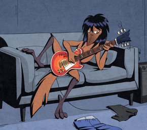 4_fingers 4_toes amplifier anisodactyl anthro avian_feet black_clothing black_hair black_shirt black_topwear blue_bottomwear blue_clothing blue_pants bottomwear brown_body brown_eyes brown_feathers casual_nudity clothing electric_guitar feathers feet fingers furniture grey_body grey_clothing grey_underwear guitar hair hind_toe holding_guitar holding_musical_instrument holding_object inside looking_down lying male musical_instrument nude on_side on_sofa pants playing_guitar playing_music plucked_string_instrument pupils shirt sofa solo string_instrument t-shirt text toes topwear underwear bassybefuddle conditional_dnp gibson jack_crash avian bird oscine passerine sparrow 2021 english_description english_text hi_res