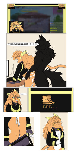 anthro anthro_on_anthro anthro_penetrated anthro_penetrating anthro_penetrating_anthro balls black_balls black_body black_fur black_hair blush blush_lines bodily_fluids bottomless bottomless_anthro bottomless_female bottomwear breasts camera chat chat_box clothed clothing collar cum cum_drip cum_in_vagina cum_inside detailed_background dialogue dripping duo eye_through_hair eyebrow_through_hair eyebrows female female_anthro female_penetrated fur gaming genital_fluids genitals hair livestream male male/female male_anthro male_penetrating male_penetrating_female muscular muscular_anthro muscular_male nude nude_anthro nude_male orange_body orange_fur orange_hair pants penetration penile penile_penetration penis_in_vagina sex speech_bubble tail teeth text topwear translucent translucent_hair vaginal vaginal_penetration webcam butcher_pal nintendo pokemon adam_manchester alolan_form alolan_raichu canid canine canis generation_7_pokemon hybrid mammal pokemon_(species) procyonid raccoon regional_form_(pokemon) wolf 2024 absurd_res colored comic digital_drawing_(artwork) digital_media_(artwork) english_text hi_res