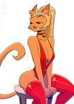 anthro bell bell_collar breasts cleavage clothed clothing collar curling_tail female furniture legwear leotard looking_away narrowed_eyes sitting solo stockings stool tail conditional_dnp jollyjack felid feline mammal 2025