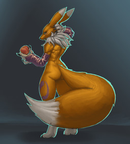 anthro armwear big_butt big_tail black_claws black_nose black_sclera blue_eyes butt claws clothing digitigrade dipstick_ears dipstick_tail ear_markings female food fruit fur grey_background hand_behind_head hip_markings holding_food holding_object holding_peach leg_markings markings multicolored_ears neck_tuft peach_(fruit) plant purple_armwear purple_clothing purple_markings rear_view simple_background socks_(marking) solo tail tail_markings thick_thighs tuft white_body white_fur wide_hips yellow_body yellow_fur mootsider bandai_namco digimon digimon_(species) renamon absurd_res hi_res
