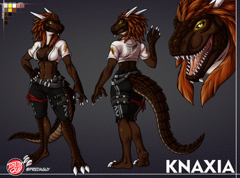 abs belt belt_buckle big_breasts bikini bikini_top bottomwear breasts brown_body buckle chin_spikes claws clothing color_swatch countershade_neck countershade_tail countershading crocodile_tail crop_top crop_top_vest facial_spikes fangs feather_hair feathers female finger_claws hair hand_on_hip horn multiple_poses navel non-mammal_breasts non-mammal_navel open_mouth open_smile pants panty_lines plantigrade pose print_bottomwear print_clothing print_pants print_topwear pseudo_hair red_hair scut_tail scuted_arms scuted_feet scuted_hands scuted_legs scuted_tail scutes shirt short_tail shorts smile spikes spikes_(anatomy) swimwear tail teeth thick_tail thick_thighs tied_clothing toe_claws toned_female topwear two-piece_swimsuit wide_hips yellow_eyes predaguy microsoft the_elder_scrolls knaxia_(knaxia) argonian scalie hi_res model_sheet