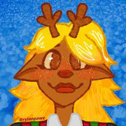 anthro antlers big_eyes blonde_hair blush brown_body brown_eyes brown_fur eyeliner female female_anthro freckles fur hair horn makeup rylanpawz smile smiling_at_viewer solo deltarune undertale_(series) noelle_holiday deer mammal 1:1 portrait
