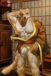 anthro bulge clothed clothing hand_behind_head inside looking_at_viewer male muscular partially_clothed solo blancws canid canine canis domestic_dog mammal shiba_inu spitz hi_res