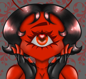 1_eye 4_fingers abstract_background black_clothing black_gloves black_hair black_handwear breasts clothing collarbone eyelashes female female_humanoid fingerless_gloves fingers gloves gloves_only hair handwear handwear_only mostly_nude mouthless red_body red_breasts red_eyes solo shqnnyhere fan_character lillith_(shqnnyhere) cyclops demon humanoid bust_portrait hi_res icon portrait
