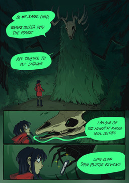 3_panel_comic 5_fingers ambiguous_gender antlers black_body black_hair bone boots clothed clothing dialogue duo electronics female fingers footwear forest fully_clothed hair horn humor larger_ambiguous larger_humanoid leaf long_hair looking_at_another makeup mascara not_furry open_mouth overalls phone plant red_clothing red_overalls scared shoes shrub size_difference skull skull_head smaller_female smaller_human sparkles speech_bubble spikes teeth text tree aveloka deity human humanoid mammal 2023 absurd_res artist_name cel_shading comic digital_drawing_(artwork) digital_media_(artwork) english_text hi_res shaded