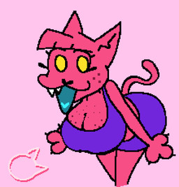 anthro bent_over big_breasts bouncing_breasts breasts clothing female hanging_breasts looking_at_viewer open_mouth pink_background pink_body pointy_ears purple_clothing simple_background solo tail tail_motion tailwag thick_thighs wide_hips kittywompus_(artist) kitty_wompus felid feline mammal 2d_animation aliasing animated digital_media_(artwork)