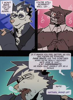 3_panel_comic anthro big_muscles big_nipples big_pecs black_clothing black_shirt black_tank_top black_topwear clothed clothing dialogue eyewear fur glasses group male muscular muscular_anthro muscular_male nipples open_mouth pecs pink_nose pink_tail purple_eyes round_glasses sharp_teeth shirt smile speech_bubble tail tank_top teeth text topwear torn_clothing torn_topwear trio unconscious white_body white_fur king_slabu adrian_(king_slabu) nathan_(king_slabu) nolan_(king_slabu) american_opossum canid canine canis domestic_dog mammal marsupial spirit virginia_opossum comic digital_media_(artwork) english_text hi_res brother_(lore) brothers_(lore) sibling_(lore)
