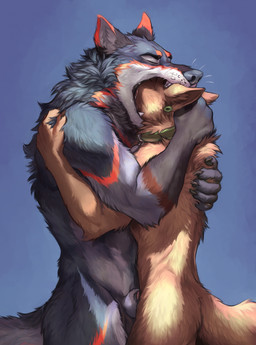 animal_genitalia anthro arm_tuft black_claws black_eyebrows black_nose bodily_fluids brown_body brown_fur claws collar collar_tag duo ear_markings ear_piercing elbow_tuft eyebrows eyes_closed fur genitals glistening glistening_teeth green_collar green_ear_piercing grey_body grey_fur head_in_mouth hug hugging_another imminent_vore inner_ear_fluff male male/male markings neck_tuft orange_body orange_fur orange_markings piercing saliva sheath tail teeth tongue tuft white_body white_fur memburu memburu_(character) stihl canid canine canis mammal wolf hi_res