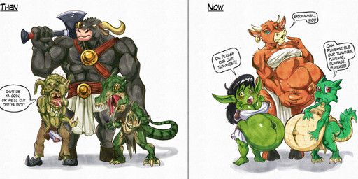 abs anthro axe before_and_after belly biceps big_belly blush blush_lines breasts clothed clothing deltoids ear_piercing ear_ring eyelashes fangs female freckled_face freckles green_arms green_body green_legs green_skin green_tail group hand_on_belly holding_object holding_weapon horn long_eyelashes male markings muscular muscular_male open_mouth piercing pregnant pregnant_anthro pregnant_female profanity ring_piercing scales simple_background speech_bubble standing striped_markings striped_tail stripes tail tail_markings teeth text weapon white_background white_clothing white_horn yelling killboo european_mythology greek_mythology mythology bovid bovine goblin kobold mammal minotaur scalie 2026 english_text hi_res