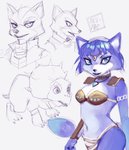 anthro arm_markings armor blue_body blue_eyes blue_fur blue_hair bra breasts clothing fangs female feral fur gem hair jewelry looking_aside male markings navel necklace ring spikes teeth underwear white_body white_fur white_markings bev-nap nintendo star_fox fox_mccloud krystal_(star_fox) prince_tricky canid canine dinosaur fox mammal prehistoric_species reptile scalie 2018 colored_sketch hi_res monochrome purple_and_white signature sketch