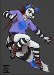 anthro beanie clothed clothing female fur hair hat headgear headwear horn knife simple_background solo grungecandy canid canine mammal