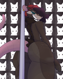 anthro band-aid band-aid_on_face band-aid_on_nose bandage bandage_on_face bandage_on_nose big_butt big_penis blue_eyes brown_body brown_fur butt erection femboy fur genitals hairless_tail looking_back male penis pole rat_tail solo stripper_pole tail unusual_background ketofur shenard_(marufox) american_opossum mammal marsupial absurd_res hi_res