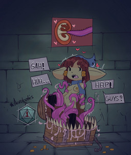 anthro bodily_fluids coin cum cum_inside dice_roll dungeon duo female genital_fluids male male/female penetration saliva saliva_string sex speech_bubble teeth tentacle_penetration tentacle_sex tentacles treasure_chest bluesparrow goblin mimic mimic_chest hi_res