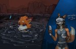 anthro blue_eyes bottomwear bubble clothing dialogue dipstick_tail eyebrows fur glistening hair male markings open_mouth orange_body orange_fur quicksand shorts sinking solo stuck tail tail_markings tar tar_pit vr_headset white_body white_fur protonsaga canid canine fox mammal 14:9 2025 hi_res