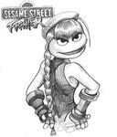 beret black_eyes braided_hair clothing cosplay female gloves hair handwear hat headgear headwear looking_back not_furry solo iambatgirl13 capcom muppets pbs sesame_street street_fighter cammy_white prairie_dawn humanoid muppet monochrome traditional_media_(artwork)