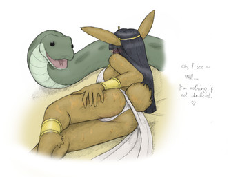 ambiguous_gender anthro bodily_fluids breasts butt camel_toe clothed clothing dialogue duo egyptian egyptian_clothing female feral fur hair lying oiled_body on_side open_mouth serpentine simple_background smile tail text tongue meowmere lagomorph leporid mammal rabbit reptile scalie snake english_text hi_res