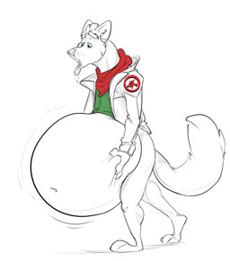 belly big_belly bloated clothing huge_belly jacket male overweight overweight_male scarf solo tongue tongue_out topwear hewge nintendo star_fox fox_mccloud canid canine fox mammal hi_res