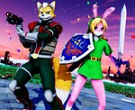 anthro blonde_hair blue_eyes clothed clothing duo fur gun hair holding_gun holding_object holding_ranged_weapon holding_weapon looking_at_viewer male master_sword melee_weapon pink_body pink_fur ranged_weapon shield sword weapon malicekira a_link_to_the_past nintendo star_fox the_legend_of_zelda fox_mccloud link_(rabbit_form) canid canine fox lagomorph leporid mammal rabbit 2023 3d_(artwork) digital_media_(artwork) hi_res mikumikudance_(artwork)